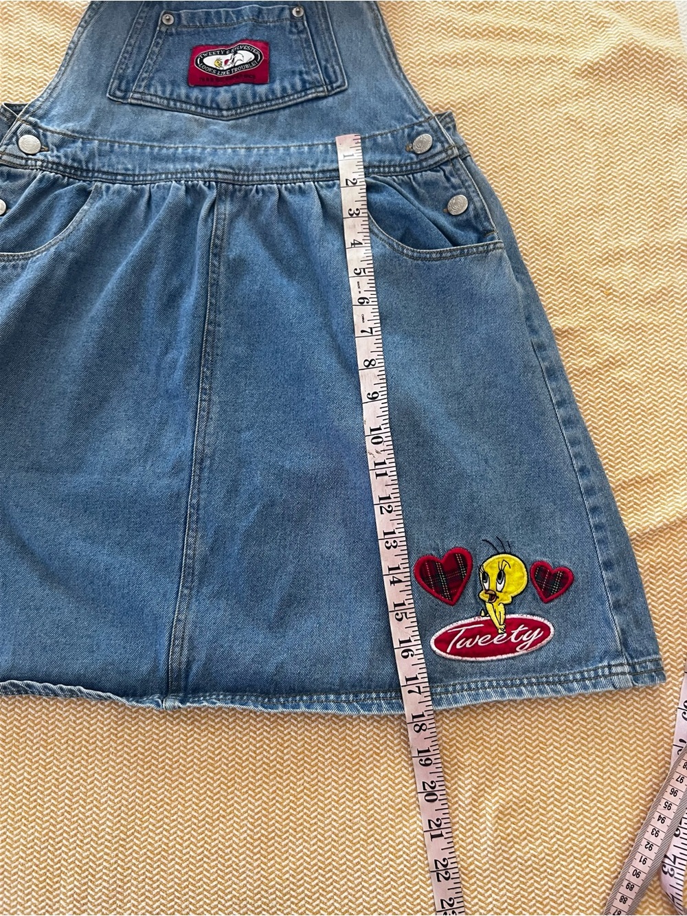 KIDS VTG CLOTHES: Denim Kids Overall Dress with Tweety Patch - Light Blue - Picture 5 of 7